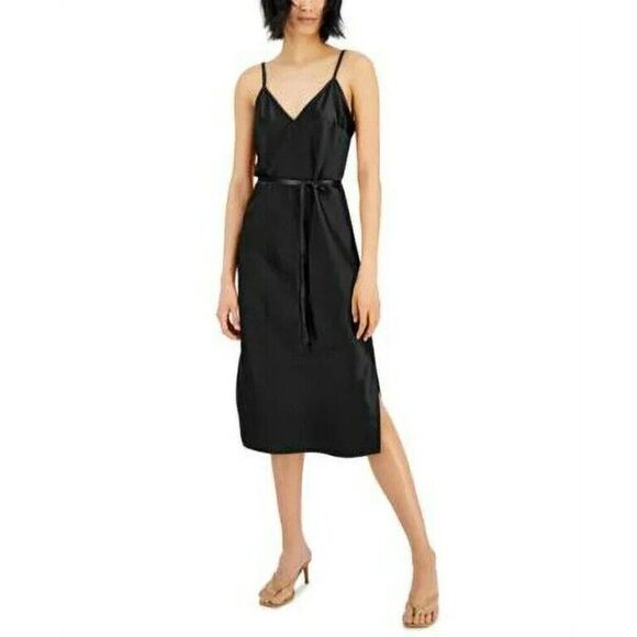 INC International Concepts Side Slit Slip Dress, Black, XS - Picture 1 of 10